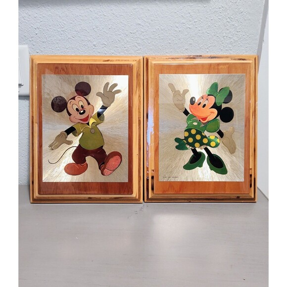 Vintage Walt Disney Mickey and Minnie Mouse plaques Gold On Wood Fast Shipping - Picture 2 of 16